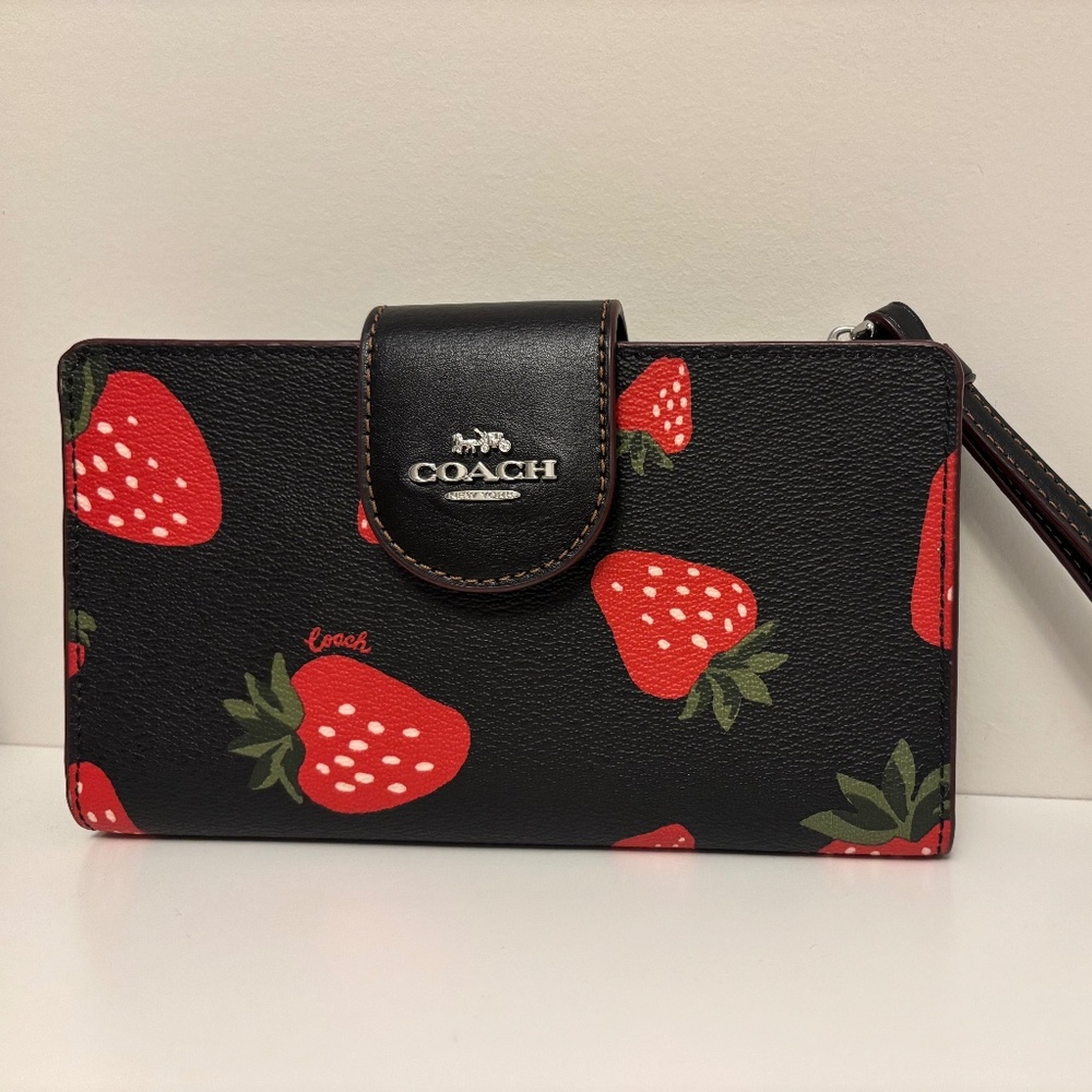 Coach Phone Tech Wallet Wristlet Clutch Wild Strawberry Print